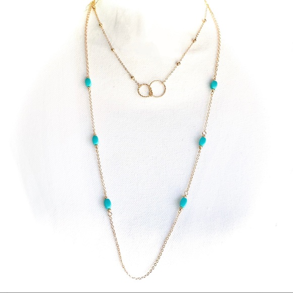 🆕 Dainty Gold Beaded Ring Chain w/Long Gold Turquoise Bead Chain Necklace NWT - Picture 2 of 3